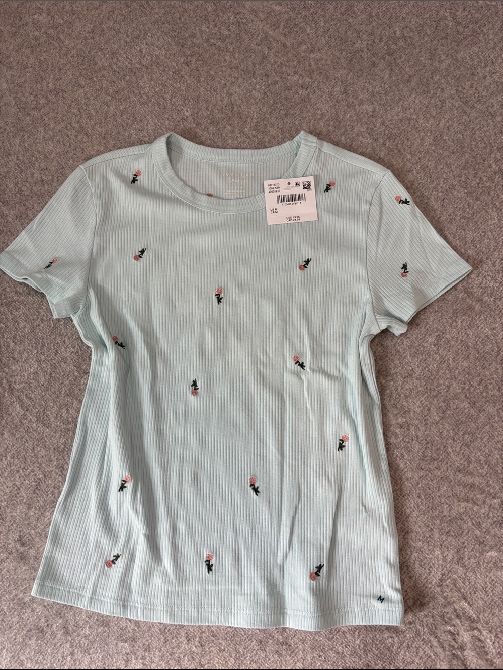 NWT AE Light Blue Ribbed Tee with Floral Embroidery
